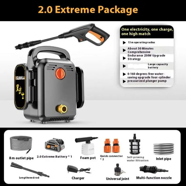 Wireless Electric Water Gun for Snow Removal & Cleaning 2.0 Extreme Package with various accessories and features.