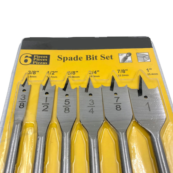 6 Piece Hex Shank Spade Bit Wood Drill Kit with various sizes for precision drilling.