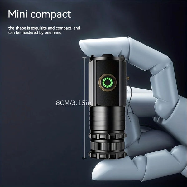 Ultra Bright Strong Magnet USB-C Rechargeable Flashlight shown in a hand, highlighting its mini compact design.