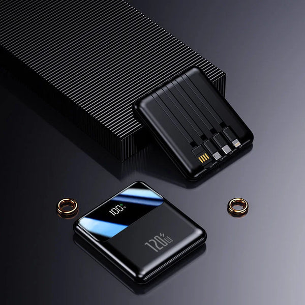 10000mAh Mini Power Bank with Built-In Cables featuring a sleek design and built-in charging cables.
