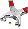 DIY Eyelet and Rivet Punch Pliers with red handles and a gold eyelet on a white background.