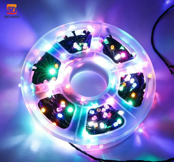 5m 240 LED Colourful Waterproof String Light on a spool, showcasing vibrant lights for decoration.