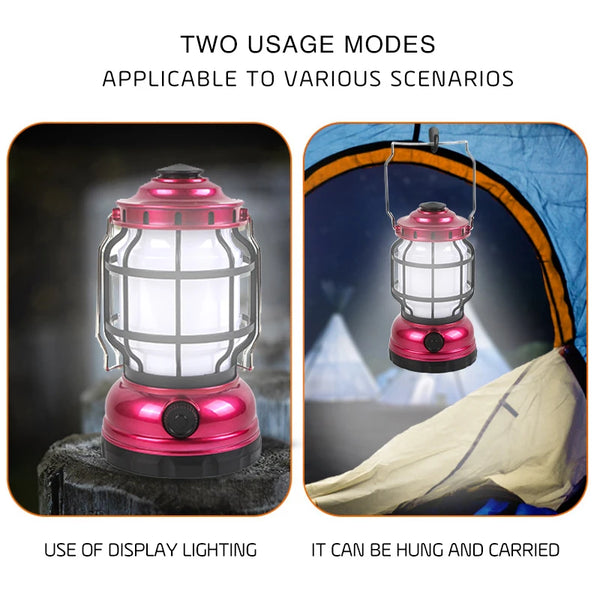 Rechargeable Waterproof Camping Lantern showcasing two usage modes, suitable for display lighting and easy to hang or carry.