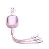 3-in-1 Retractable Fast Charging USB Cable in pink with three connectors for versatile charging.