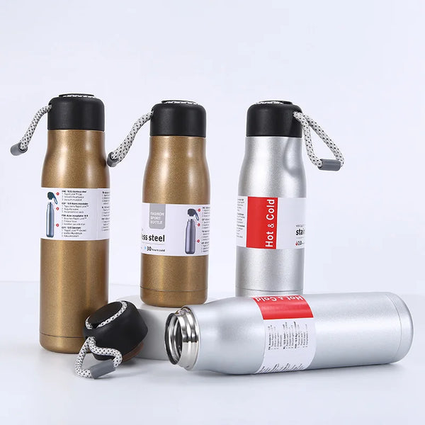 Stainless Steel Vacuum Insulated Flask collection showing gold, silver, and gray bottles for temperature control.