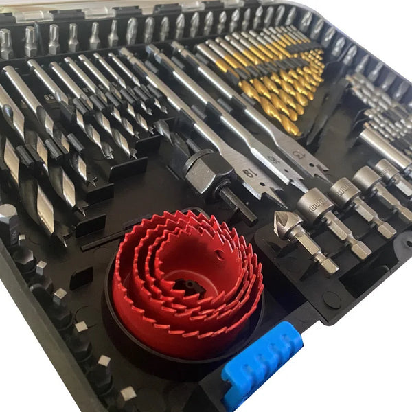 100 Piece Multifunction Drill Bit Kit for Wood Metal and Concrete with various drill bits and accessories.