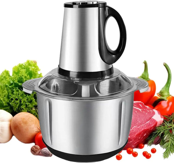 Electric 3L Stainless Steel Home Kitchen Food Processor with vegetables and meat in the background.