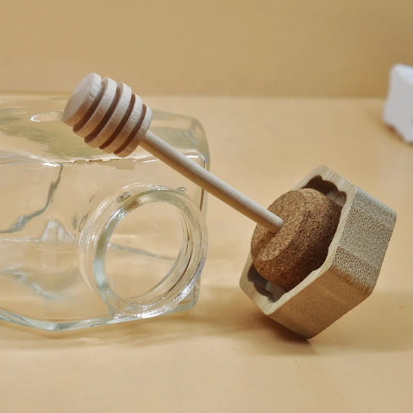 Hexagon Honey Glass Jar with Wooden Lid