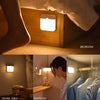 USB Rechargeable Motion Sensor LED Night Light illuminating different areas like bedroom, bedside table, and wardrobe.