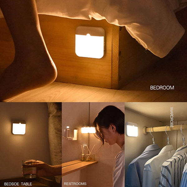 USB Rechargeable Motion Sensor LED Night Light illuminating different areas like bedroom, bedside table, and wardrobe.
