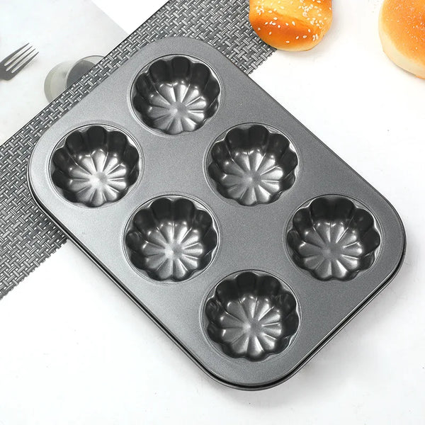 Non-Stick Carbon Steel Bakeware Set featuring a 6-cup muffin pan with flower-shaped molds.