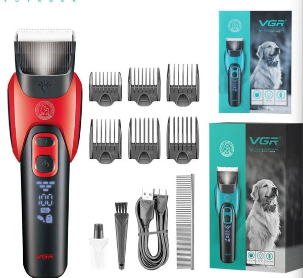 V-208 Rechargeable Professional Pet Hair Clipper with grooming accessories and packaging for easy pet grooming at home.