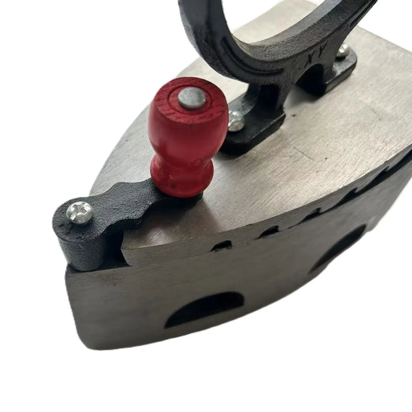 Industrial Grade Heavy-Duty Charcoal Iron with a red wooden handle and metal body for effective garment pressing.