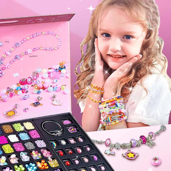 3-in-1 DIY Beaded Jewelry Making Set with colorful beads and a smiling girl wearing handmade bracelets.