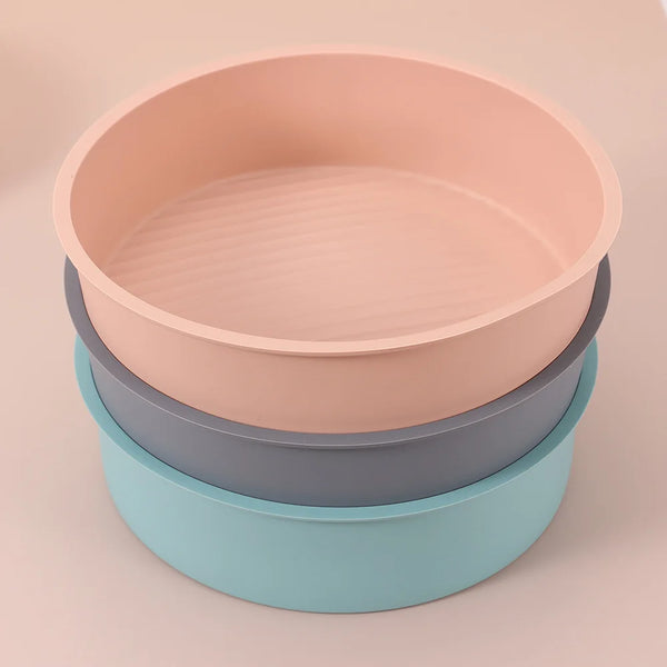 8.8 Inch Round Silicone Cake Baking Pan in pastel colors stacked for decorative display.