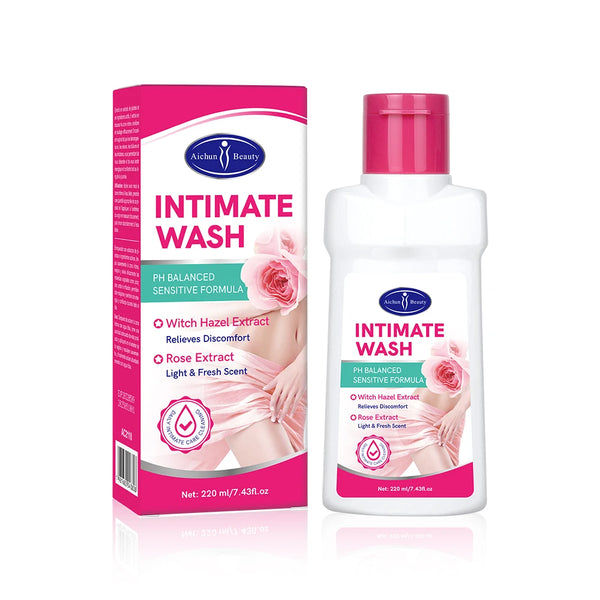 Natural pH Balanced Rose Intimate Wash in a bottle with pink packaging for gentle daily cleansing.