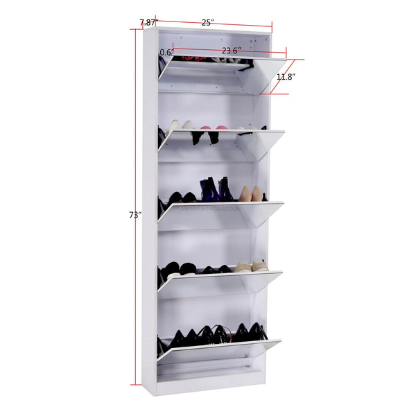5 Tier Mirrored Shoe Cabinet with Flip Down Drawers displaying stylish storage for various shoe types.