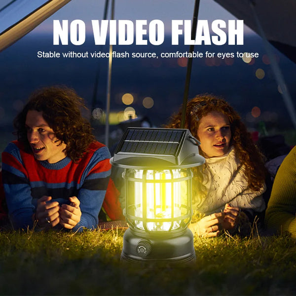Portable Solar USB LED Lantern Outdoor Lamp providing warm light for camping, making outdoor evenings enjoyable.