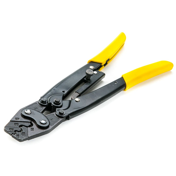 1.25-16mm Ratchet Crimping Plier Tool featuring yellow handles and durable design for heavy-duty electrical connections.