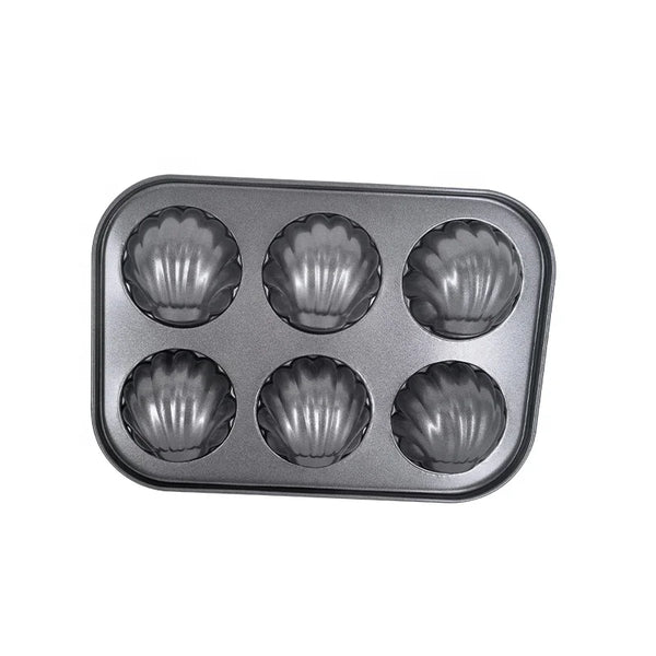 Non-Stick 6-Cup Shell-Shaped Muffin Pan for baking elegant decorative pastries and treats.