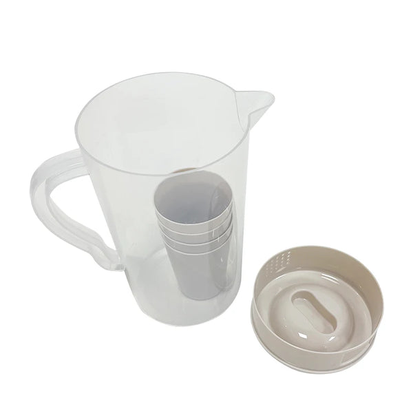 2L Cold Water Dispenser with Faucet and Cups, featuring a clear pitcher and stacked cups for serving beverages.