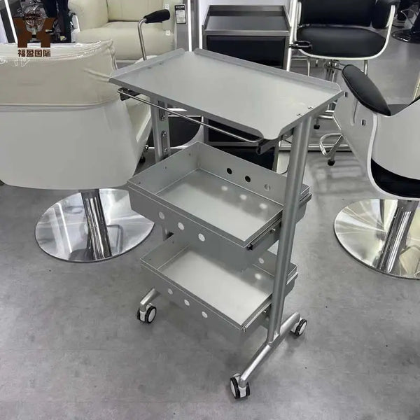 Aluminium Salon Trolley with multiple storage shelves, designed for organized tool storage in salons and beauty studios.