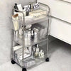3-Tier Multipurpose Stainless Steel Rolling Organizer Cart with cosmetics and storage containers organized neatly.