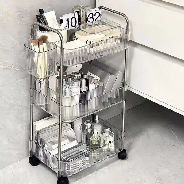3-Tier Multipurpose Stainless Steel Rolling Organizer Cart with cosmetics and storage containers organized neatly.