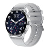 HK33 BT Call Fashion Smart Watch with silver case and white strap displaying health stats and time.