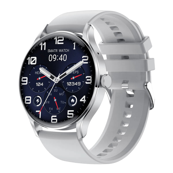 HK33 BT Call Fashion Smart Watch with silver case and white strap displaying health stats and time.