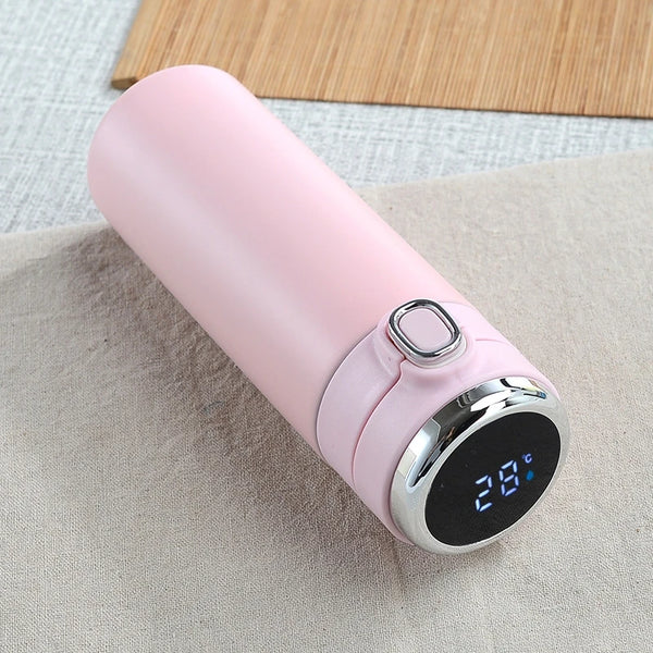 500ml Smart LED Vacuum Insulated Stainless Steel Flask with digital temperature display in pink color.