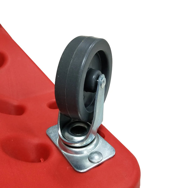 Close-up of a wheel on the Ergonomic Mechanics Creeper Trolley with Magnetic Trays, highlighting its maneuverability.