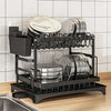 Double Layer Iron Dish Rack with Wine Glass Holder displaying clean dishes on a modern kitchen countertop.