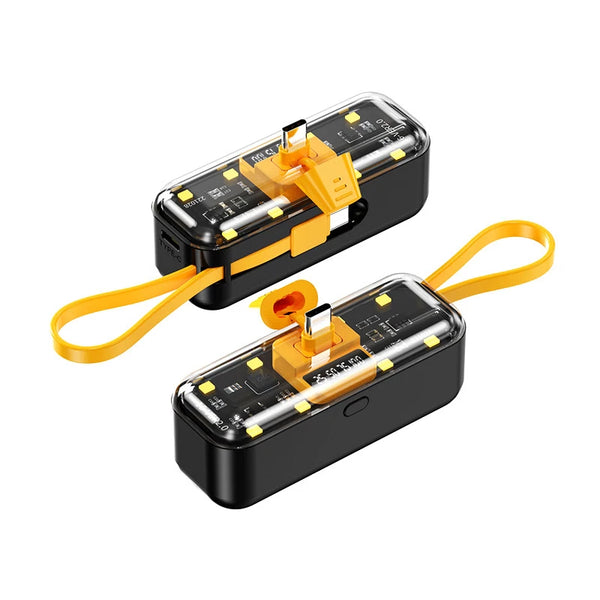 Transparent Capsule 5000mAh Mini Power Bank showcasing a compact design with a yellow charging cable.