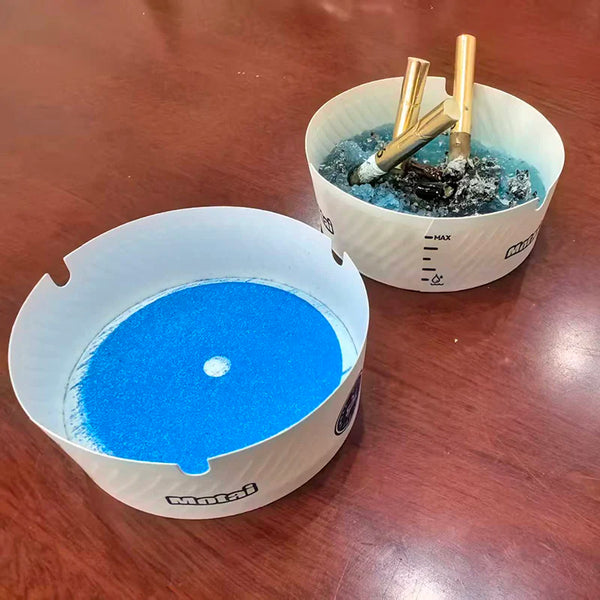 Disposable Ashtray Cups for Home & Office Use, featuring two designs for ash containment and odor reduction.