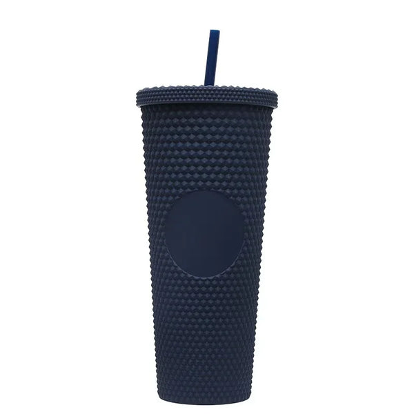 Large Capacity Eco-Friendly Durian Straw Cup in textured dark blue with straw, perfect for eco-conscious hydration.