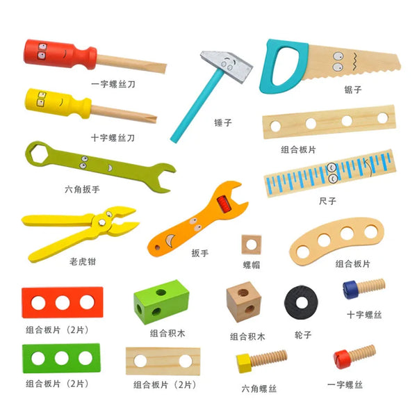 Wooden Toolbox DIY Construction Tool Set featuring various colorful toy tools for kids.