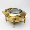 Round Stainless Steel Buffet Chafing Dish in elegant gold finish, ideal for catering and buffet service.