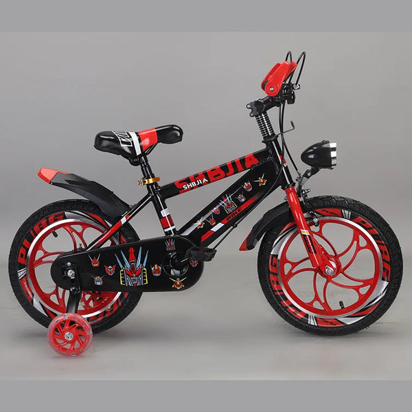 Carbon Steel Kids Training Bike featuring a stylish black and red design, perfect for young cyclists learning to ride.