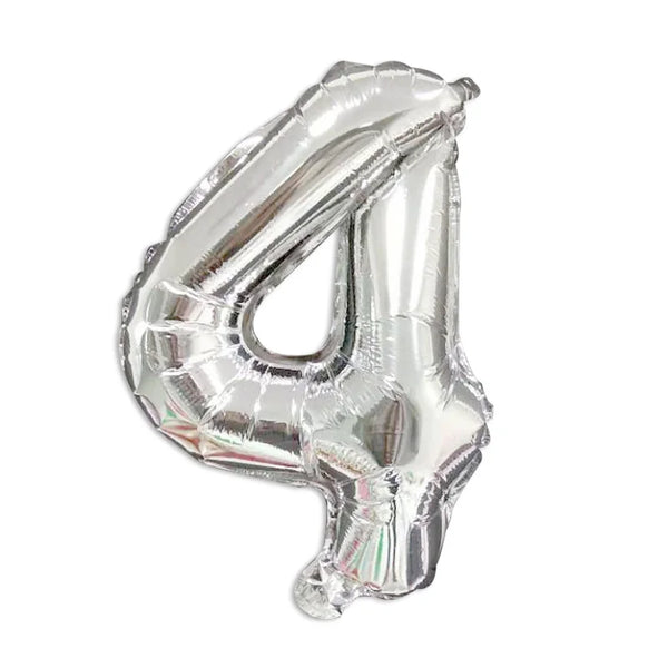 16-Inch Number Aluminum Film Balloon in the shape of number 4, shiny silver finish for celebrations.
