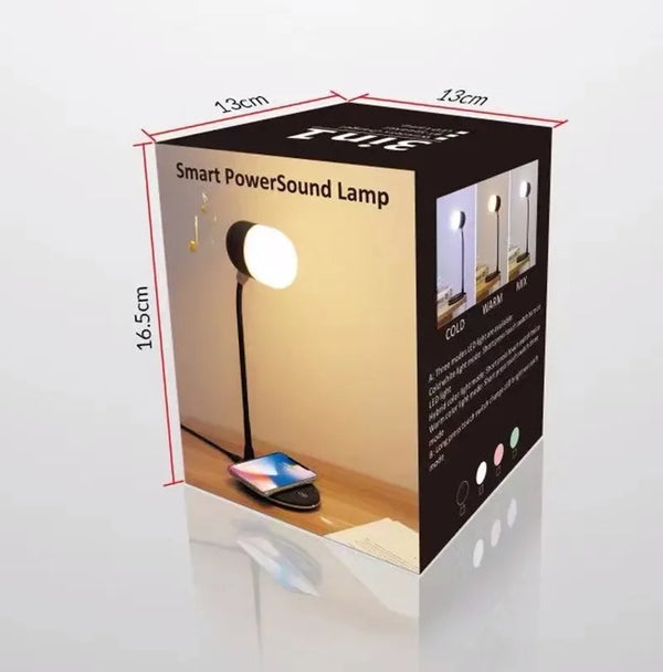 Wireless 15W Charging Bluetooth Speaker with LED Touch Lamp in a compact box design showcasing features and dimensions.