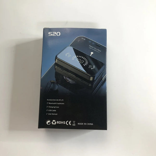 S20 Wireless Bluetooth Earbuds packaging showcasing premium sound quality features and accessories included.