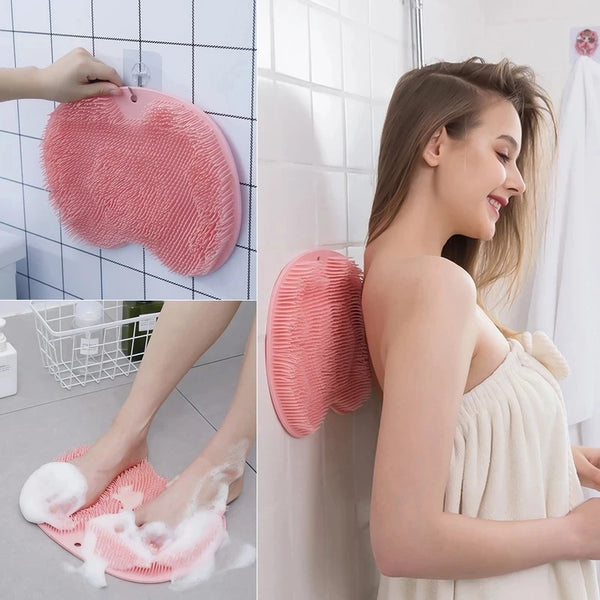 Non Slip Shower Foot Scrubber Massager seen in use for cleaning and exfoliating feet and back in the shower with a textured surface.