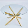 Luxury Round Dining Table with a modern glass top and geometric gold base design.