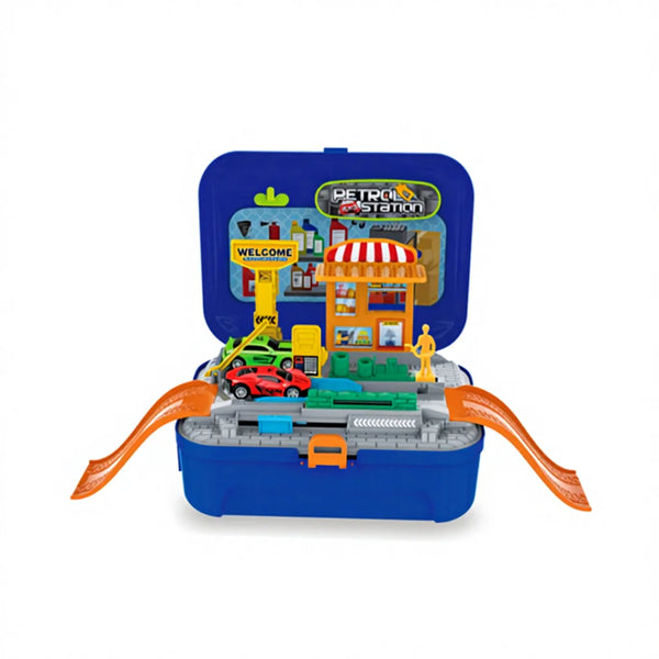 Gas Station Simulation Backpack Role Playing Toy with playset inside a foldable backpack design.