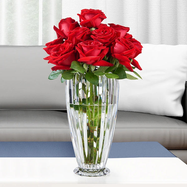 Ribbed Crystal Glass Flower Vase with Scalloped Rim
