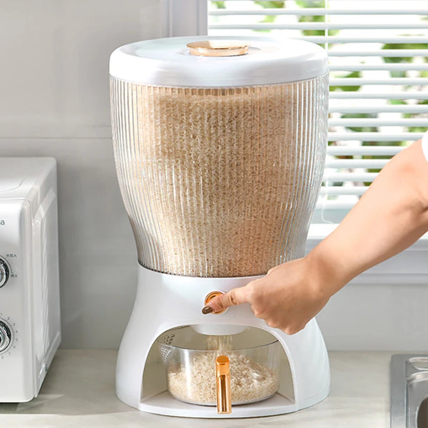 Multi-Compartment Plastic Grain Dispenser with visible grains, perfect for organizing dry goods in the kitchen.