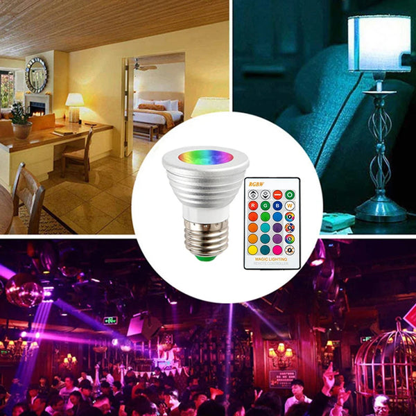 Smart RGB LED Color-Changing Bulb with Remote in various environments showing versatility and remote control.
