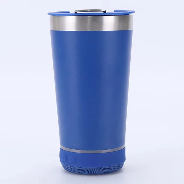 17oz Can Cooler Bluetooth Speaker Tumbler in blue color with stainless steel and speaker base.