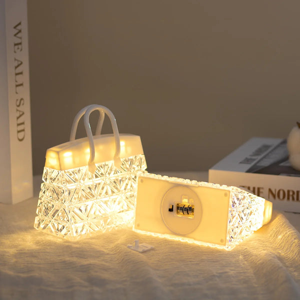 Crystal Bag USB Night Lamp illuminating a cozy bedroom setting with a soft, ambient glow.